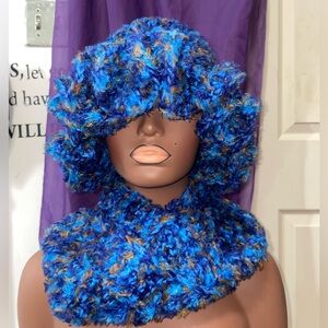 Handmade Blue mixed color Fuzzy Hat and Scarf Set